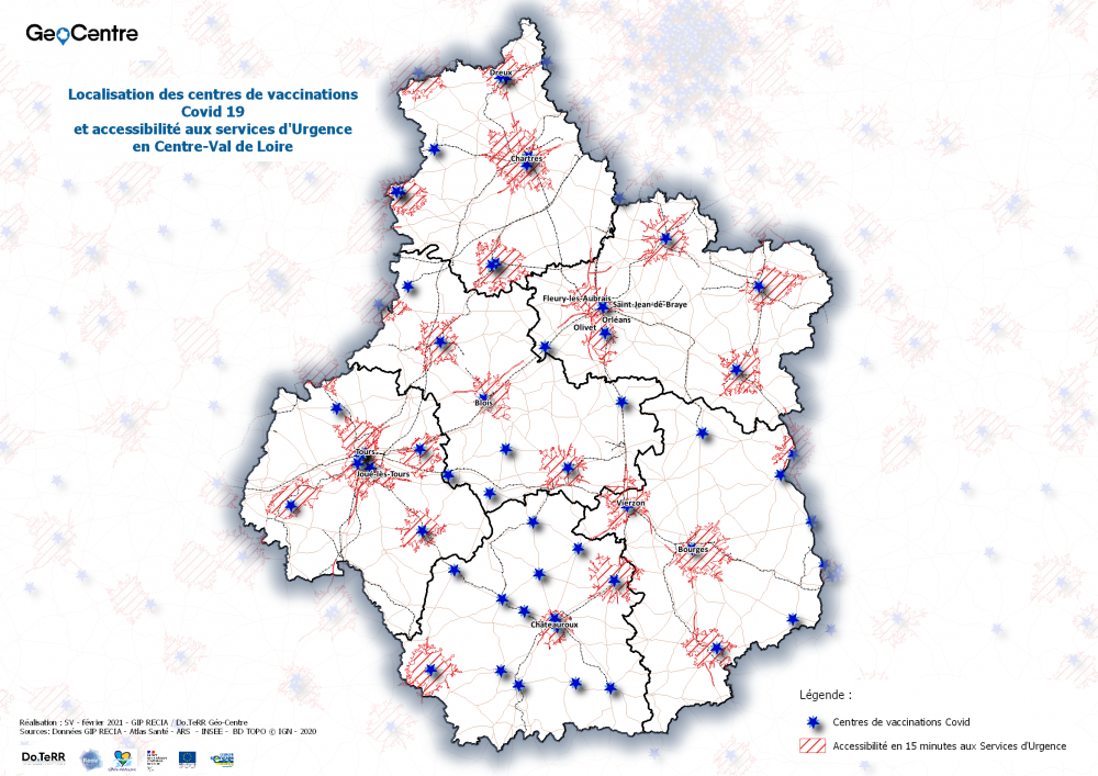 Carte COVID centre vaccination et accès urgences en 15 minutes et centres vaccinations en Centre-Val de Loire
